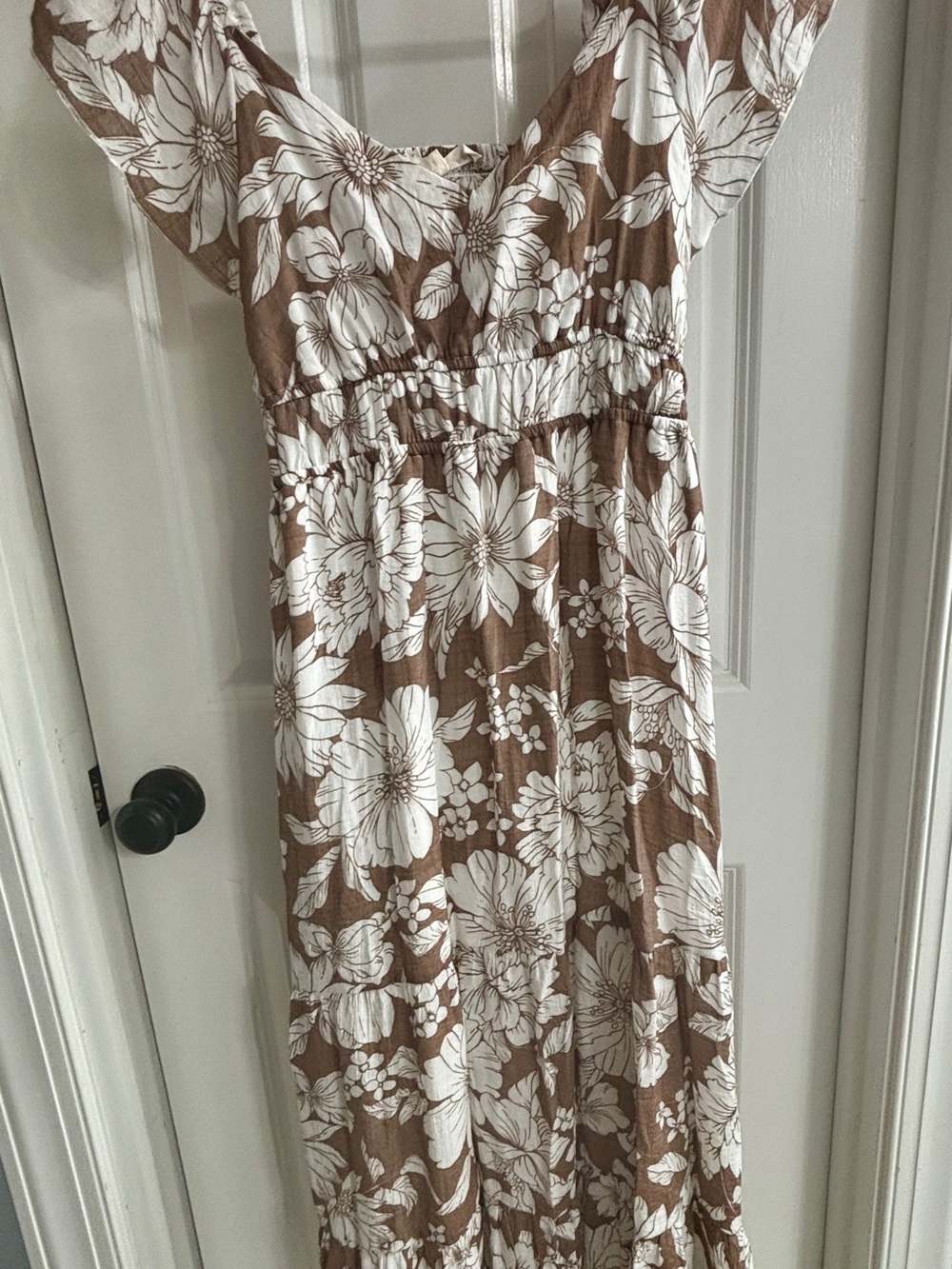 Brown Floral Maxi Dress with White Print and Cut-Out Back Detail